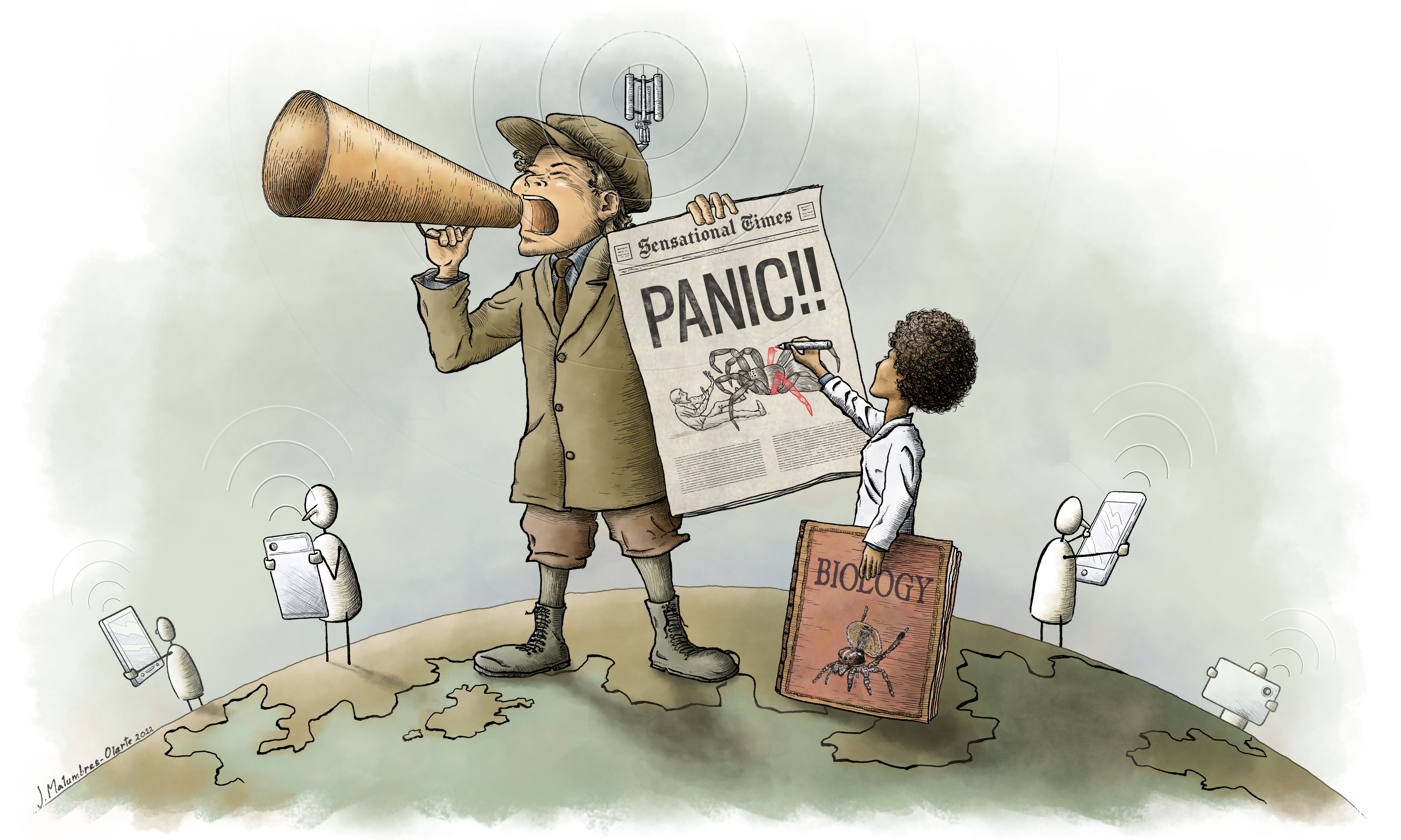 Illustration of a person holding a medaphone and a newspaper with the headline "panic!!" He is standing on top of a map of the world, and a woman with an afro, wearing a white lab coat, and holding a spider biology textbook is correcting a misleading image on the newspaper with a red pen. White figures around the works are reading the news.